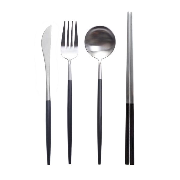 Hive Mind Scandinavian Cutlery Assortment Set Spoons Forks Knives Chopsticks Set of 4 (Black Silver)