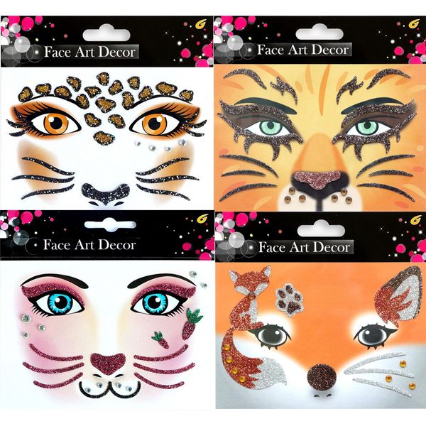 ALEGRE Leopard Gesichtstattoo Karneval,4 Blätter LeoTattoo Gesicht,Hase Face Art Sticker,Fuchs Face Sticker,Glitzer Leoparden Tattoo Gesicht,Temporäre Tattoos Leoparden Kostüm Damen Zubehör Fasching