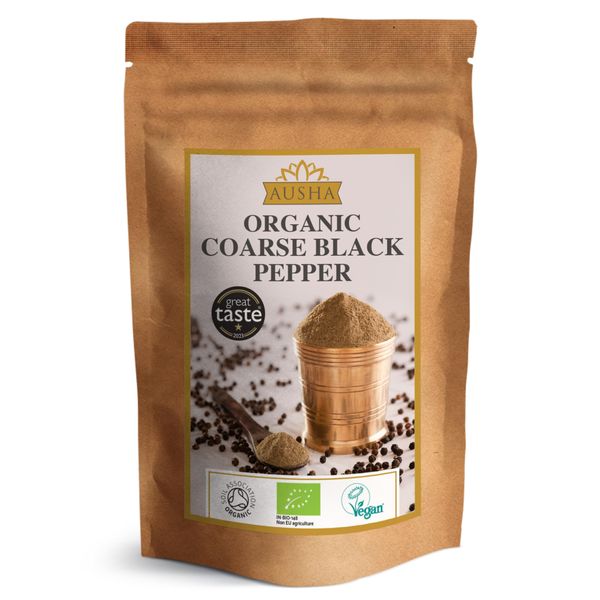 Ausha Organic Coarse Ground Black Pepper - 200g | Winner 1* Star GREAT TASTE AWARD 2023 - Cooking