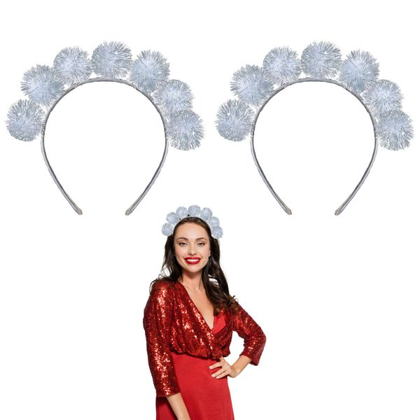 Lizzy 2 x Christmas Silver Tinsel Pompom Head Bopper | Children Adult Fancy dress Costume Accessories Christmas Headband One Size Hair Accessory for Xmas Party Hats for Christmas Favours