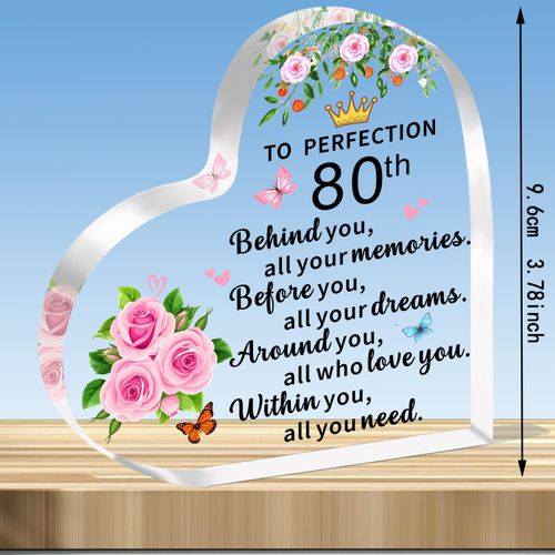 JMIMO 80th Birthday Gifts for Women Inspirational 80th Transparent Heart Shaped Acrylic Plaque Keepsake