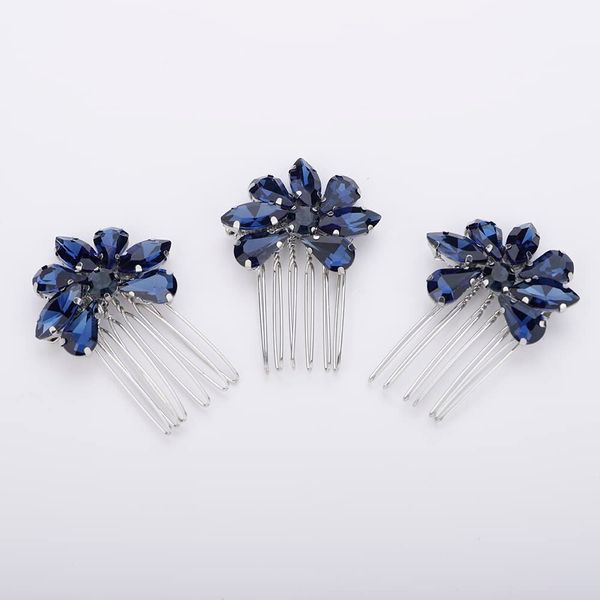 Teyglen Simple Rhinestones Crystal Bride Wedding Hair Comb Set Handmade Red Blue Black Crystal Side Hair Combs Bridal Hair Jewelry Set for Women Bride Girls (Dark Blue)