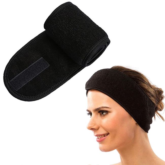 1 Stück Haarband für Make Up,Haarband Kosmetik Stirnband, Haarband zum Schminken Make Up,verstellbare Haarschutzband mit Klettverschluss,Frottee Stirnband Verstellbar,für Make Up Sport Yoga-Schwarz