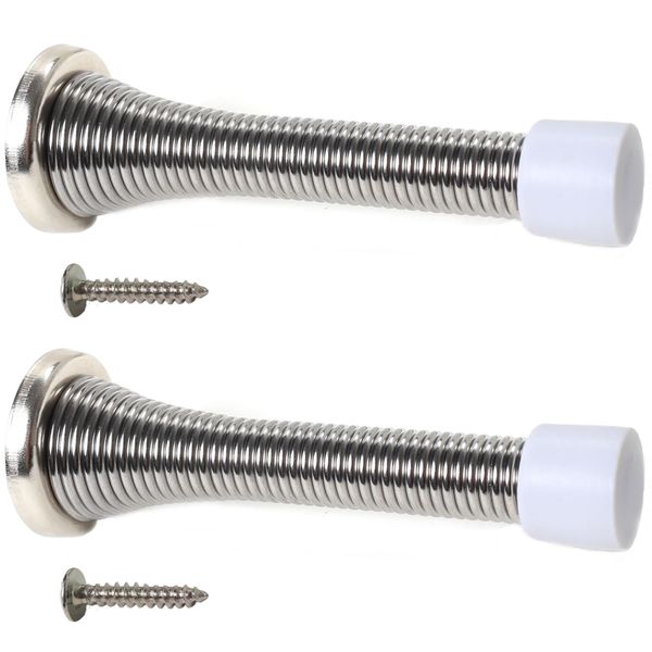 2X Wall Mounted Chrome Spring Door Stops - Skirting Board Sprung Stoppers