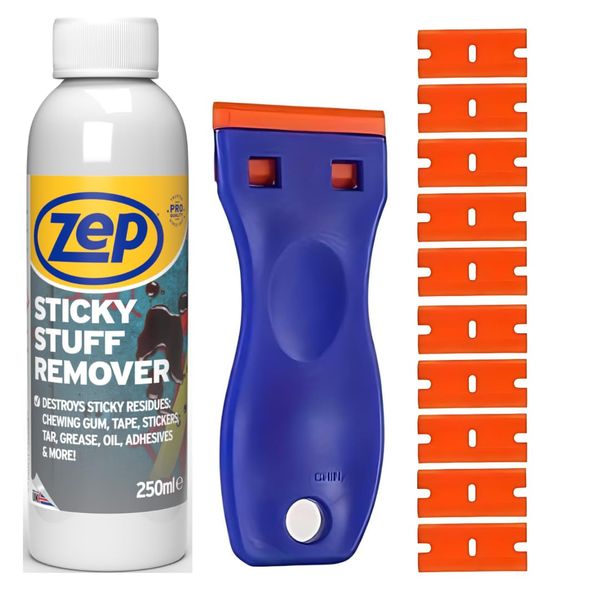 Zep Sticky Stuff Remover 250ml and Scraper Tool Bundle with 10 Plastic blades work as an Adhesive Remover, Glue Remover, Sticker Remover and Glue Remover Solvent