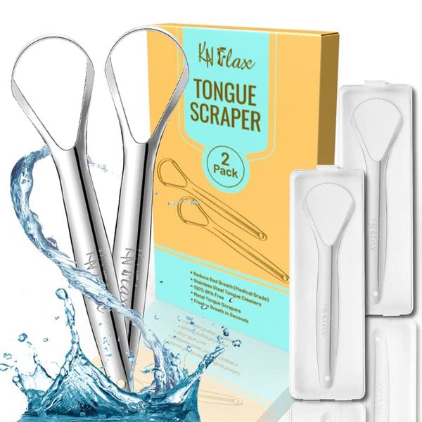 KN FLAX Tongue Scraper [2 pack] [Medical Grade] Reduce Bad Breath Maintains Oral Care 100% BPA Free Metal Tongue Scraper, Tongue Cleaner for Adults and Kids, Easy to Use with Non-Synthetic Handle