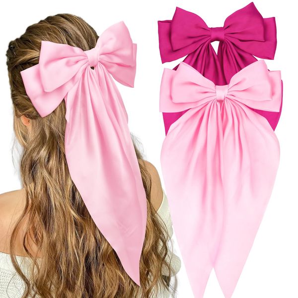 YISSION 2Pcs Big Silky Hair Bows Clips for Women Girls Large Satin Bow Hair Clips Hair Barrettes Hair Ribbon with Long Tail Hot Pink Hair Clips Cute Hair Accessories for Women Girls