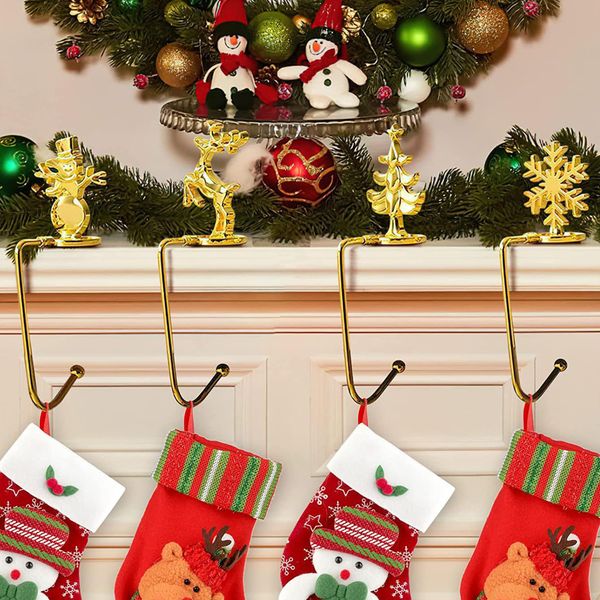 TNBRUA 4Pcs Christmas Stocking Holders, Mantel Christmas Stocking Hangers for Fireplace, Christmas Stocking Clips in 4 Styles, Non-Slip Christmas Stocking Clips for Christmas Party Decoration(Gold)