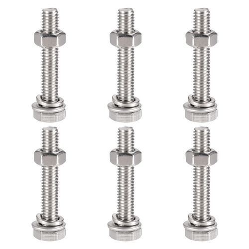 sourcing map M6 x 35mm Hex Head Screws Bolts, Nuts, Flat & Lock Washers Kits, 304 Stainless Steel Fully Thread Hexagon Bolts 6 Sets