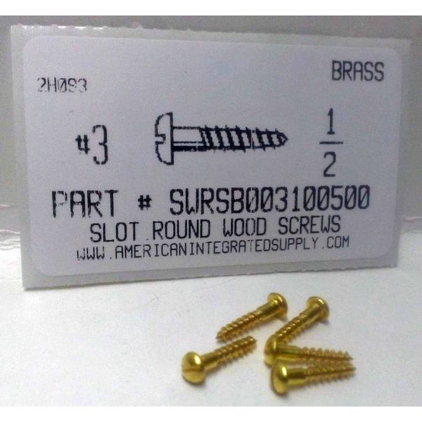 #3x1/2 Round Head Slotted Wood Screws Solid Brass (100)