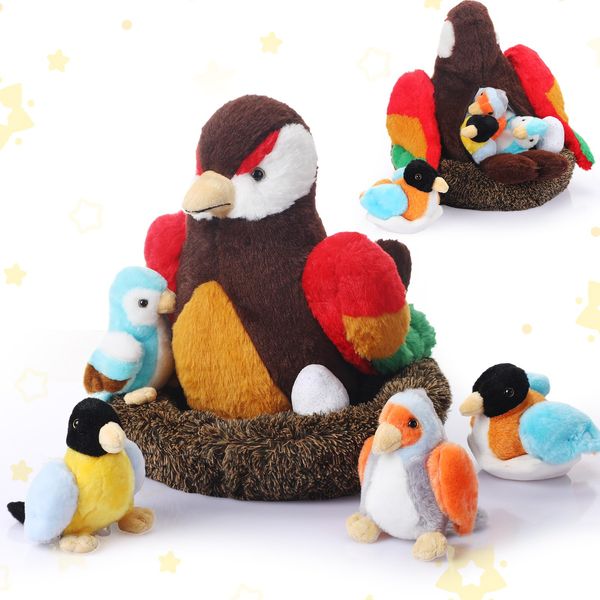 RoundFunny 7 Pcs Birds Toys Plush Stuffed Animal Bird Set with Birds, Egg, Nest Cute Birds Toy Gifts for Kids Girls Boys Creative Play Birthday Children's Day Christmas Party Favors