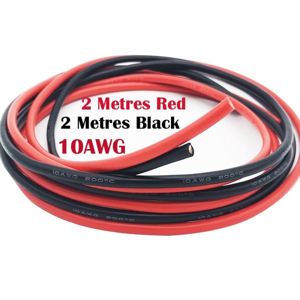 Silicone Wire, CESFONJER 10 AWG Silicone Cable [2m Black and 2M Red], Flexible High Temperature Resistance Tinned Copper Wire Cable for Wiring Electronics, Drones, Aircraft Batteries, etc