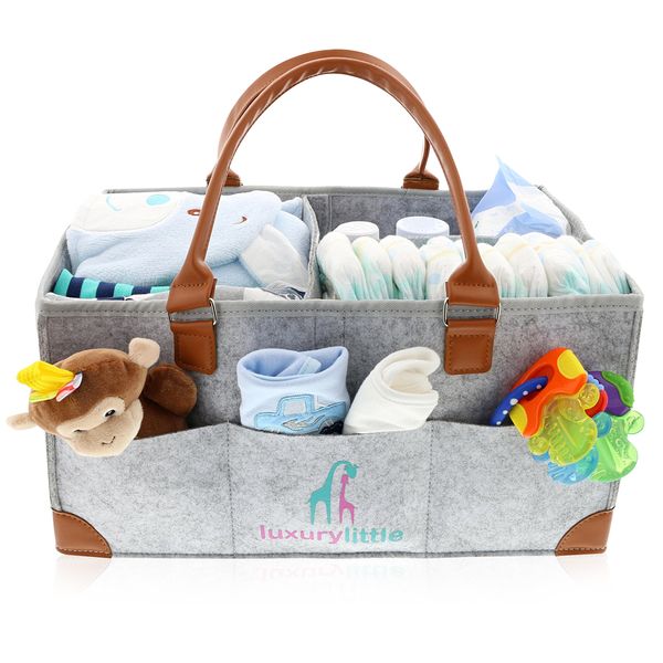 luxury little Extra Large Baby Diaper Caddy Organizer, Portable Car Caddy, Changing Table Organizer for Diapers, Wipes & Toys, Newborn Baby Boy & Girl Essentials, Collapsible Baby Basket- Grey