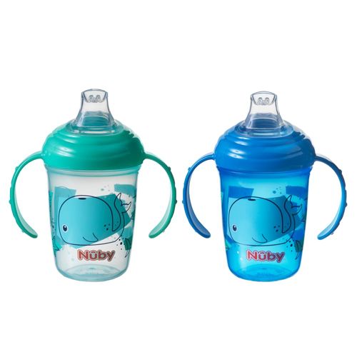 Nuby Grip N Sip Water Bottle - No Spill Sippy Cup | 240ml / 8oz | Twin Handle | Dishwasher and Microwave Safe | Suitable Beaker for 4 Months Plus (Whales, Pack of 2), 048526890415