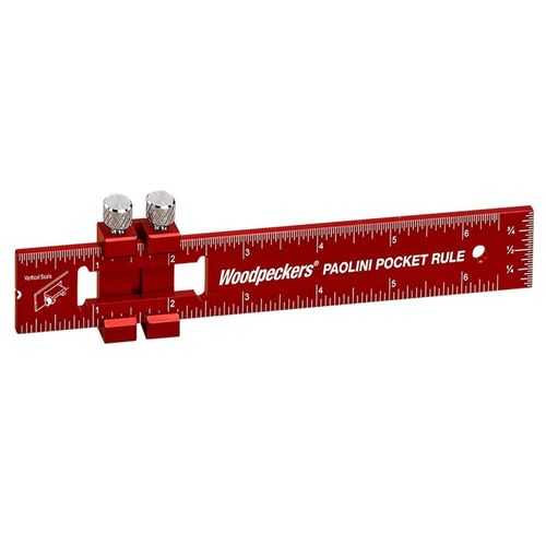 Woodpeckers Paolini Pocket Rule, Aluminum, 6" / 150mm Combo, Woodworking Ruler with Sliding Stop, Vertical End Scale, Scribing Notch, Engraved Scale