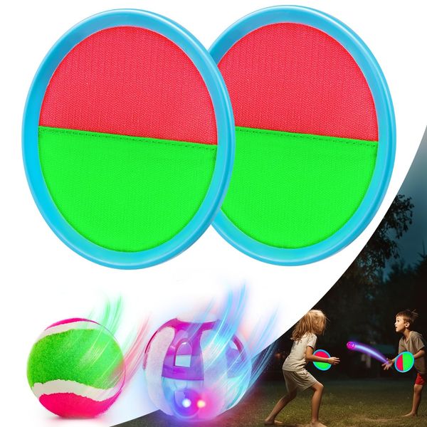 Qrooper Kids Toys - Glow in The Dark Outdoor Games, Toss and Catch Ball Set with Light Up Ball, Outdoor Toys for Kids Ages 4-8, Paddle Ball Games Kids Gifts(Blue)