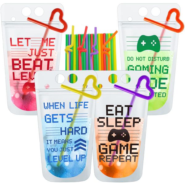 Video Game Party Favors Drink Pouch Cups with Straws Plastic Drink Pouches Clear Zipper Bags Reusable Drink Pouches for Birthday Party Decor Gamer Party Favors Gift (Red/Blue/Green/Orange, 24 Pcs)