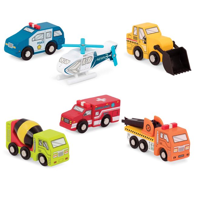 Battat - Wooden Vehicles – Miniature Wooden Toys, Including Toy Cars, Toy Trucks, Toy Helicopter & Ambulance, for Kids Age 3-Year-Old & Up (6-Pcs)