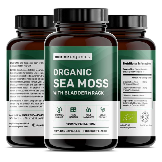 MarineOrganics Organic Sea Moss Capsules - 90 Irish Sea Moss and Bladderwrack Capsules - Iodine Tablets - UK Wild Harvested Seamoss - High Potency