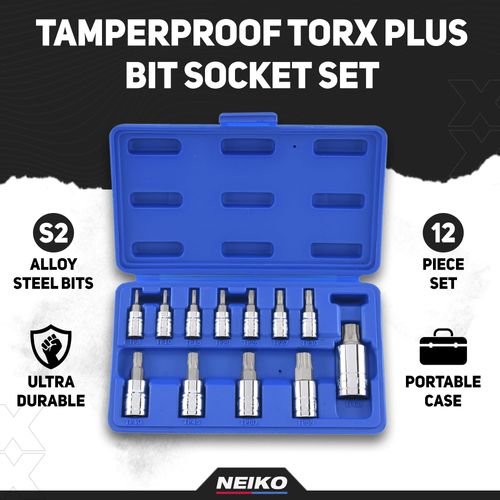 Neiko 10085A Tamperproof Torx Plus Bit Socket Set | 12 Piece | 8 IPR - 60 IPR | 5 Point Star | Cr-V and S2 Steel | High Impact ABS Blow Molded Case
