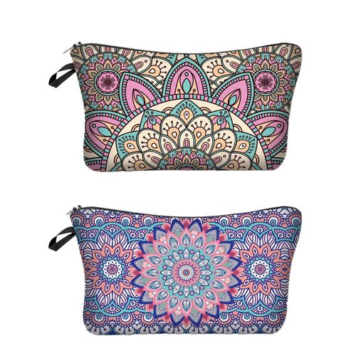 NORMAK Cosmetic Pouch, Mandala Pattern, Beige/Blue, Cute, Just the Right Size, Cosmetic Pouch, Small Items, Cosmetic Bag (Blue Mandala Pattern)