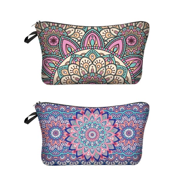 NORMAK Cosmetic Pouch, Mandala Pattern, Beige/Blue, Cute, Just the Right Size, Cosmetic Pouch, Small Items, Cosmetic Bag (Blue Mandala Pattern)