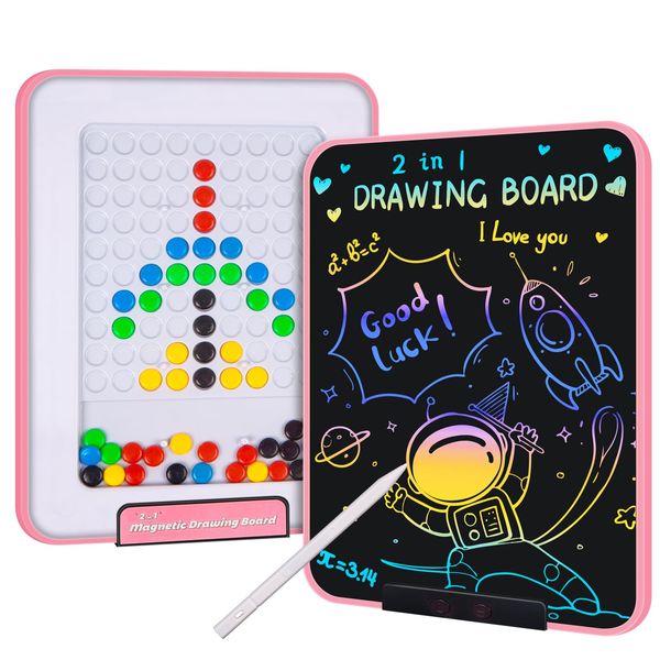 2-in-1 LCD Writing Tablet and Magnetic Drawing Board,13 inch Electronic Drawing Pads and Magnetic Dot Board,Erasable Doodle Board,Educational Toys Gift for 3 4 5 6 7 8 Years Old Kids Toddler (Pink)