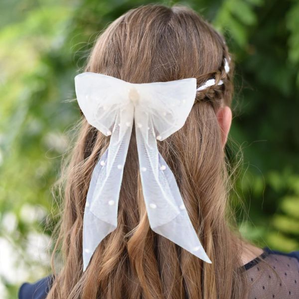 Bridal Hair Bow Veil Pearl Hair Bow Veil Clip White Hair Bow Bridal Hair Clip Large Hair Bow Wedding Veil with Barrette White Tulle Bow with Clip Bachelorette Party Hair Accessories for Women Girls