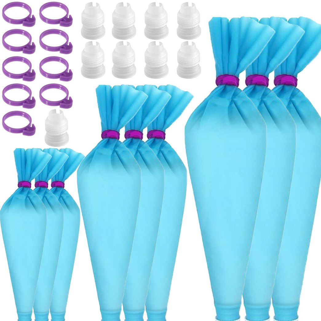 Reusable Piping Bags Set, Silicone Pastry Bags Cake Decorating Bags Frosting Piping Kit Baking Tools Cake Decorating Supplies with 3X(12’’+14’’+16’’) Silicone Bags, 9 Icing Tip Couplers, 9 Bag Ties