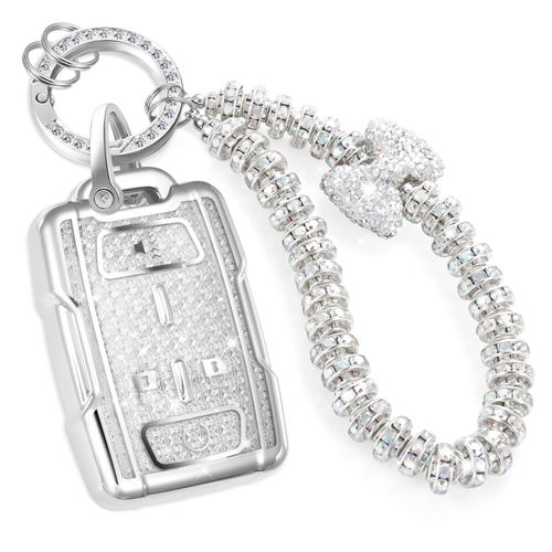 CTRINEWS for GMC Key Fob Cover with Fashionable Zirconia Wristlet KeyChain, Enchanting Diamond Patterns Soft Case for Canyon Sierra 1500HD Yukon XL Chevy Colorado Tahoe (4 buttons) (White, B)