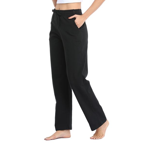 WILLIT Jogginghose Damen Baumwoll Sweatpants Yogahose unten offen Freizeithose gerades Bein Lounge Athletische Sporthose Trainingshose Kordelzug mit Taschen Schwarz M