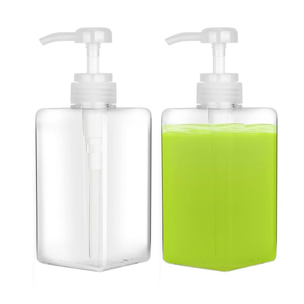 2 PCS Refillable Square Plastic Lotion Dispenser,Empty Lotion Pump Bottle,Plastic Soap Dispensers,Pump Bottle Dispenser,Empty Refillable Liquid Container for lotion,shampoo,shower (450ml, Clear)