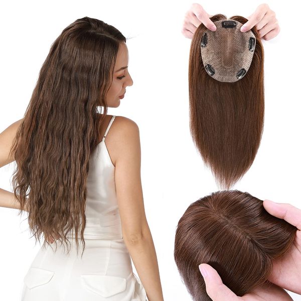 12inch Human Hair Toppers for Thinning Hair Women 100% Real Remy One Piece Clip in Hair Extension Silk+PU Base Toupee 120% Density #04 Medium Brown