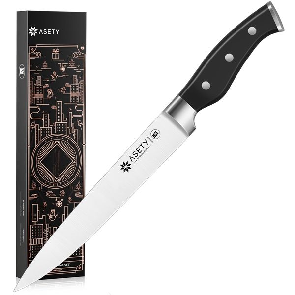 ASETY Carving Knife, High Carbon Stainless Steel Carving Knife and Fork Set, 8 Inch Kitchen Knife for Turkey, Meat, BBQ, Brisket, NSF Food Safe, Full Tang Slicing Knife with Gift Box