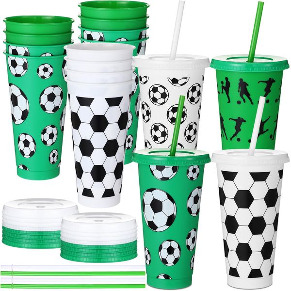 Nuogo 12 Pcs Party Plastic Cups Bulk 24 oz Plastic Tumbler with Lid and Straw Reusable Cups for Boyfriend Fan Sports Birthday Party Favors (Soccer)