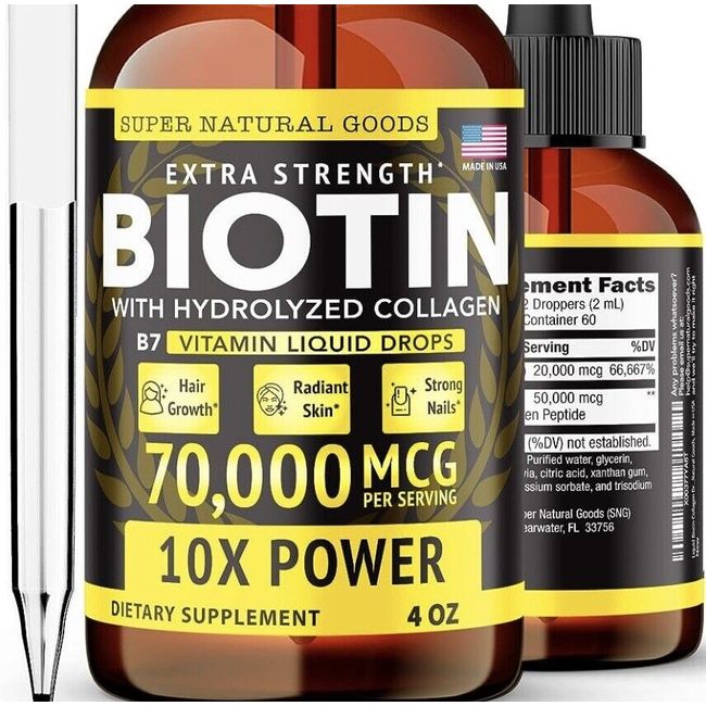 Biotin Collagen Liquid Drops - Maximum Potency for Hair, Skin, Nails - USA Made