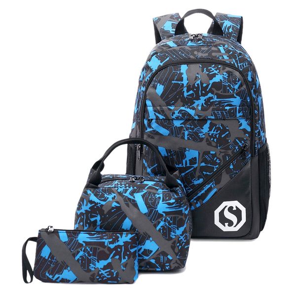 CAMTOP Teens Backpack for School Boys Girls School Bookbag Set Travel Daypack (Black/ graffiti) (3 In 1 Backpack, blue)