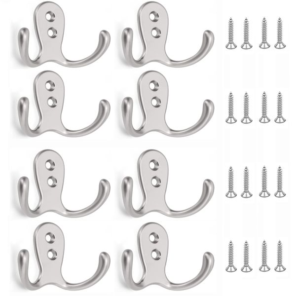 yenlk 8 PCS Double Prong Robe Hooks, Dual Coat Door Hooks with 16 PCS Screws, Chrome Wall Mounted Hooks for Hanging Hat Tie Clothes Towel Metal Retro Cloth Hanger Silver for Bedroom Bathroom Kitchen