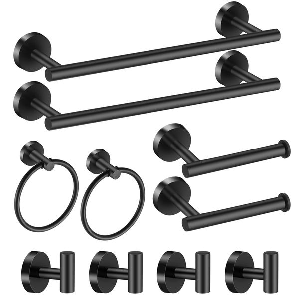 Hinmood Bathroom Hardware Set Black 10 Pieces, Towel Bar Set Matte Black Stainless Steel Towel Rack Set Includes 2PCS 16'' Towel bar, 4PCS Towel Hooks, 2PCS Toilet Paper Holder and 2PCS Towel Ring