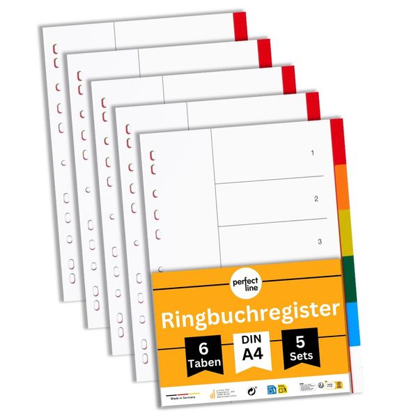 perfect line - Ordner-Register DIN-A4 aus Kunststoff (PP), 6 Taben (6-teilig), 5er Set, Trennblätter für Akten-Ordner, recycelbar, made in Germany