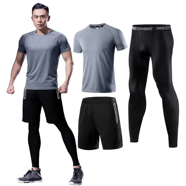 Men’s Compression Wear, Top/Bottom Set, Training, 2/3/4/5-Piece Set, Breathable, Odor Resistant, Sportswear, Running, Hoodie, Short-Sleeve/Long-Sleeve Shirt, Shorts, Tights, Sweat Absorbing, Quick-Dry - Gray - Set of 3