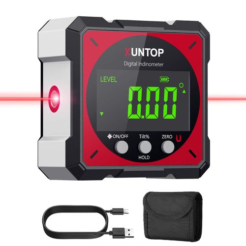 XUNTOP USB Charging Digital Level Box Angle Finder with Laser (Level 2), 4-side Strong Magnetic Angle Gauge IP54 Waterproof Inclinometer Level, Saving time and effort hanging decorations
