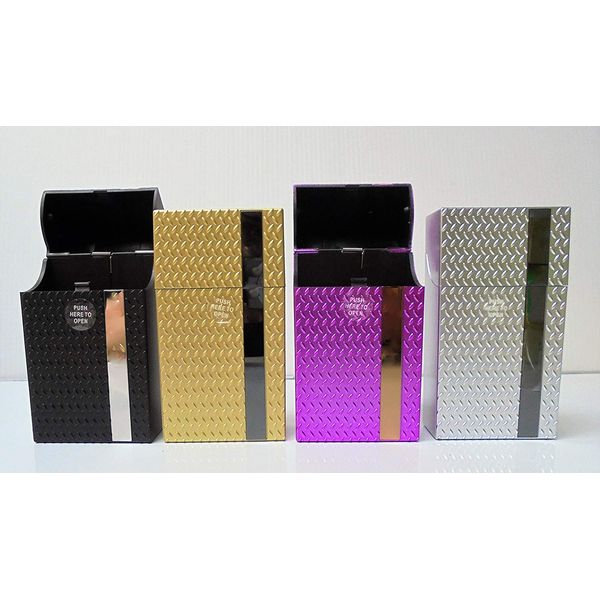 4 Plastic Cigarette Cases, Push Open, Metal Design with Mirror, Holds 1 Pack of 100's Cigarettes, SKU 3117M25-4