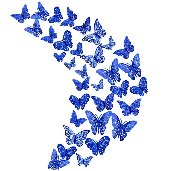 36Pcs Royal Blue 3D Butterfly Wall Stickers， Metallic Art Sticker ，Butterfly Wall Decals for Home Decor Butterflies Fridge Sticker Room Decoration Party Wedding Décor