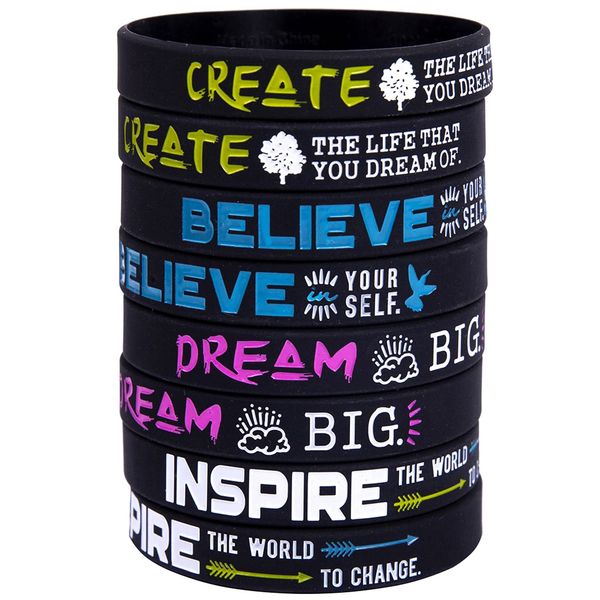 FHOISD (12-Pack) Motivational Quote Silicone Wristbands Rubber Inspirational Bracelets Gifts and Party Favors-Create, Believe，Dream, Inspire (Black, 8“ circumference)