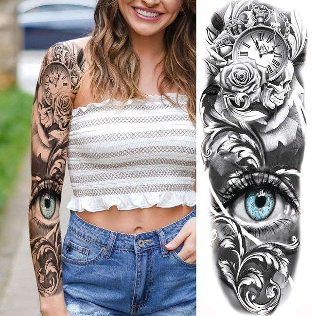 Large Arm Sleeve Tattoo Gun Rose Lion Waterproof Temporary Tatto Sticker  Clock Flower Waist Leg Body Art Full Fake Tatoo Women