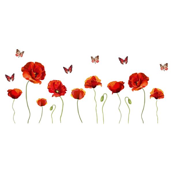 PLIGREAT Red Poppy Flowers Wall Stickers, Peel and Stick Wall Decals, Removable Vinyl Butterfly Wall Sticker for Living Room Bedroom Dining Room Wall Decorations Home Indoor Decor DIY Wall Art Decor