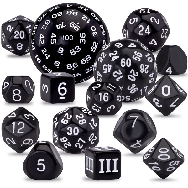 SIQUK 15 Pieces Complete Polyhedral Dice Set D3-D100 Game Dice Set with a Leather Drawstring Storage Bag for Role Playing Table Games, Black and White