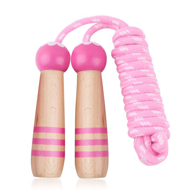 LANODO Jump Rope for Toddlers, Kids, Elementary School, Wooden Pattern, 8.9 ft (2.6 m) Cotton Rope, Adjustable Length, Athletic Festival, Exercise, Diet Birthday, Cute, Gift (Pink)