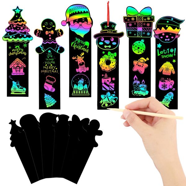 JUNEBRUSHS 30Pcs Christmas Scratch Bookmarks, Rainbow Magic Scratch Paper Art Christmas Tree Santa DIY Crafts Kit for Xmas Hanging Ornaments Christmas Party Favors Gifts